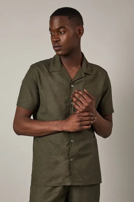 Khaki Linen Blend Short Sleeve Resort Shirt