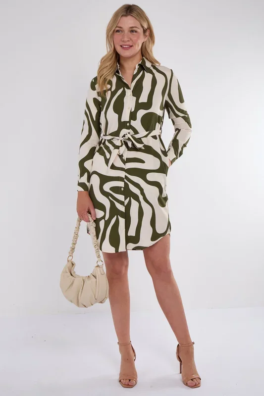 Khaki Swirl Print Mini Shirt Dress