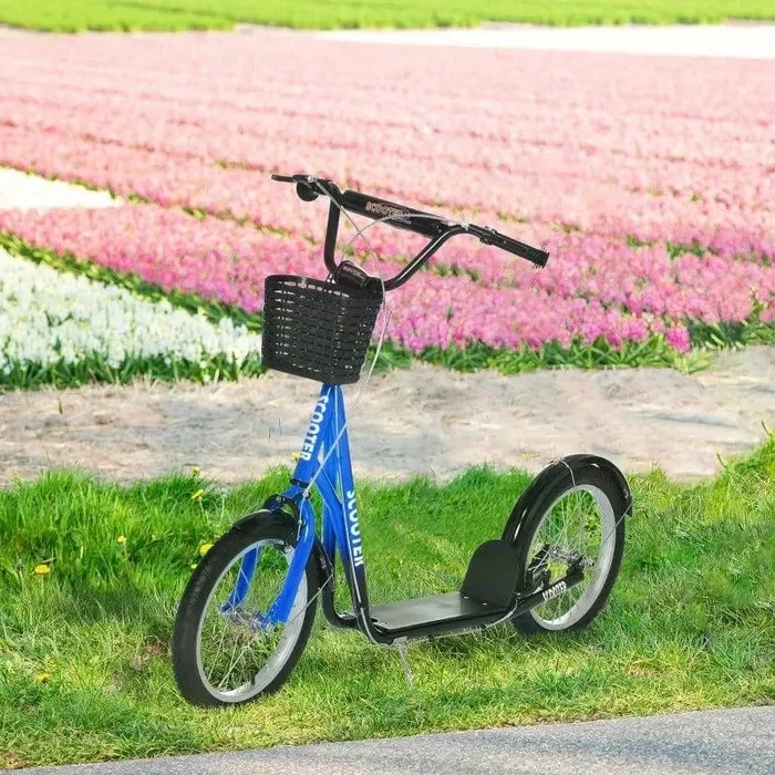 Kids Adjustable Scooter with Inflatable Wheels and Basket in Blue
