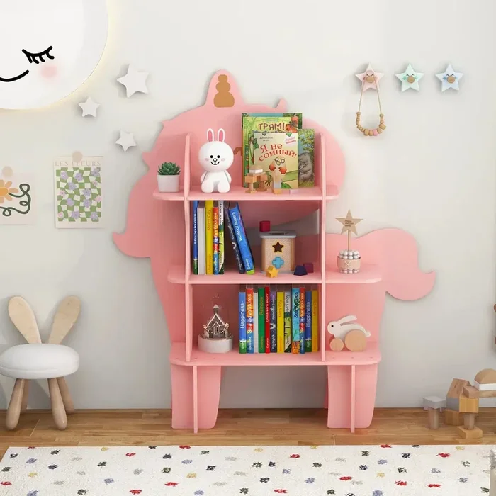 Kids Bookshelf – Unicorn-Shaped 3-Tier Pink Storage Unit | Child-Friendly Height COSTWAY