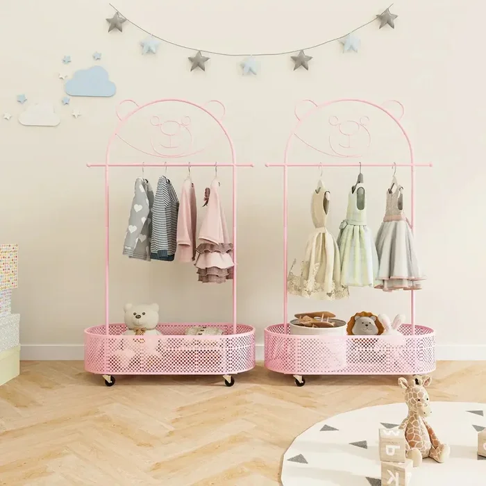 Kids Clothes Rack – Pink Metal | 3 Adjustable Heights and Cartoon Bear Design COSTWAY