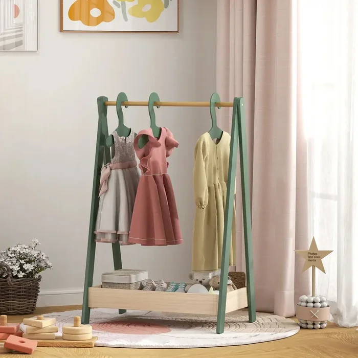 Kids Clothes Rail – Green and Natural Wood | 3 Matching Hangers and Storage Shelf AIYAPLAY