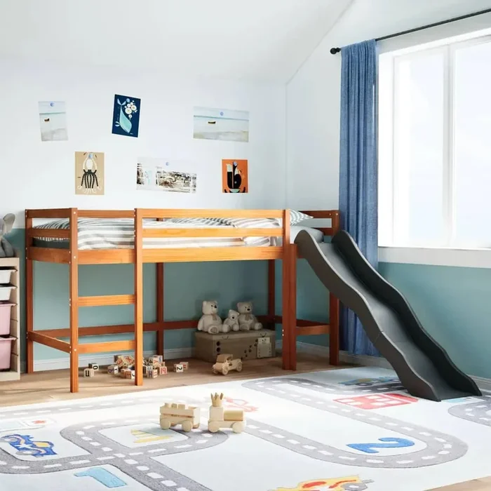 Kids Loft Bed with Ladder and Slide – Wax Brown | Guardrails and Play Space VIDAXL