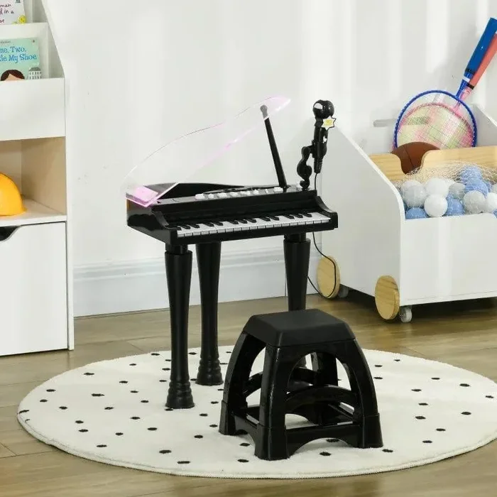 Kids Mini Grand Piano – Black | 37-Key Electronic Keyboard with LED Lights AIYAPLAY