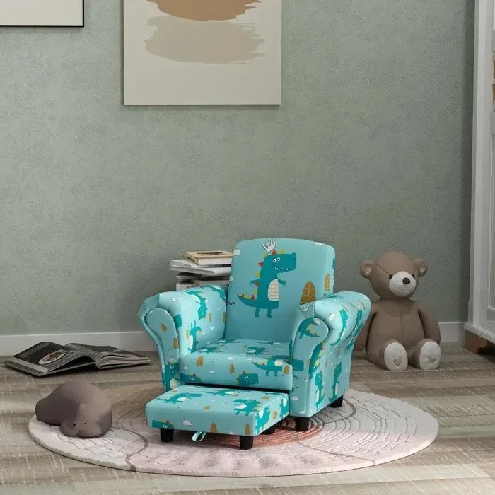 Kids Sofa Set Blue Dinosaur Print | Two-Piece Design with Tucking Stool