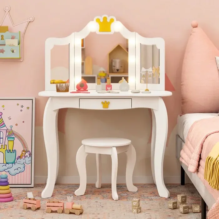Kids Vanity Set – White | White Crown-Design with Trifold LED Mirror COSTWAY