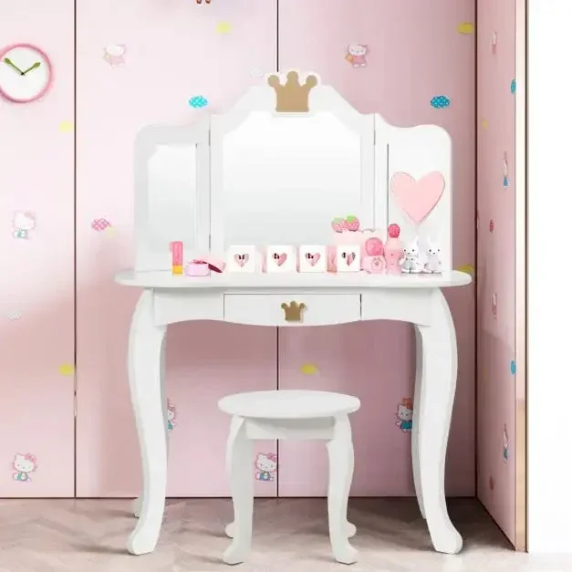 Kids Vanity Table and Chair Set – White | Tri-Folding Mirror and Stool COSTWAY