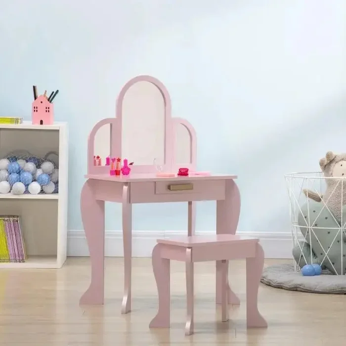 Kids Vanity Table and Stool Set – Pink | 3 Acrylic Mirrors, MDF and Pine Construction HOMCOM