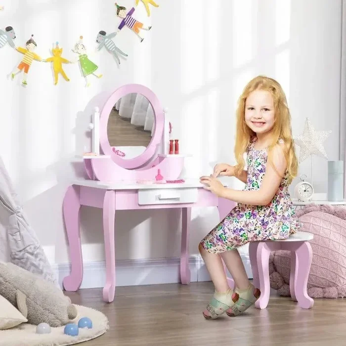 Kids Vanity Table – Pink and White | Princess-Design – Stool, Drawer and Acrylic Mirror ZONEKIZ