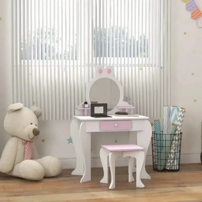 Kids Vanity Table – White and Pink | Bunny-Design – Stool, Mirror and Drawer ZONEKIZ