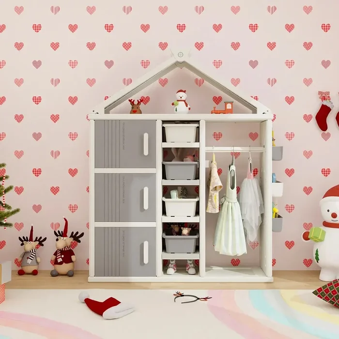 Kids Wardrobe – Grey and White | Storage Bins and Cubes – House-Style Organiser COSTWAY