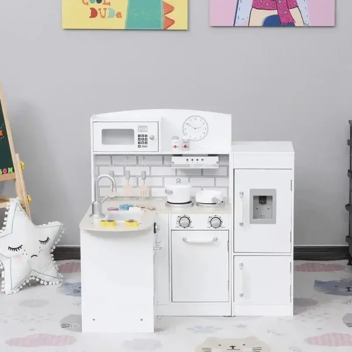 Kids Wooden Kitchen Playset | Electronic Water Dispenser and 14 Accessories HOMCOM