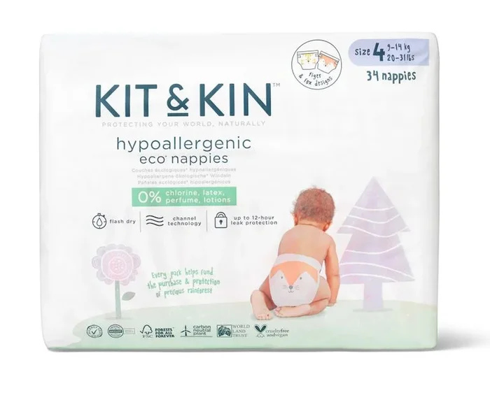 Kit & Kin Eco-Nappies Size 4: Tiger & Fox 9-14 kg (20-31 lbs) 34 Pack