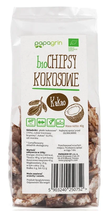 Kokoschips mit Kakao BIO 40 g – PAPAGRIN