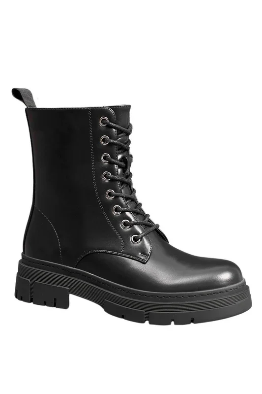 Lace Up Black Chunky Combat Style Platform Ankle Boots with Zip Closure