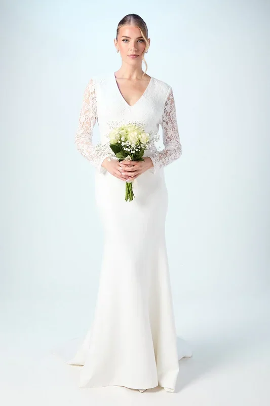 Lace V Neck Wedding Dress With Open Back