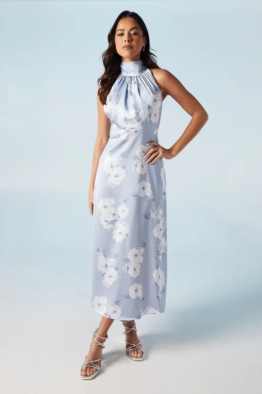Lavender Posy Satin Halter Neck Midi Bridesmaid Dress