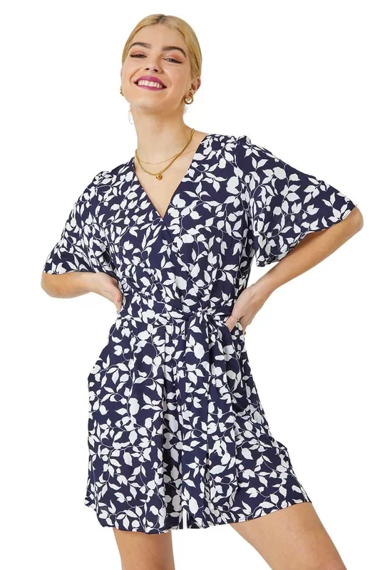Leaf Print Belted Wrap Playsuit