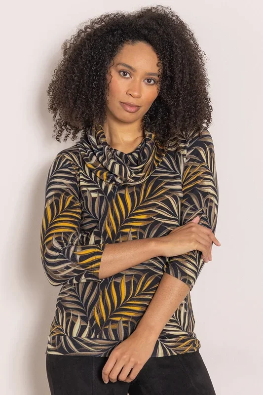 Leaf Print Cowl Neck Knit Top