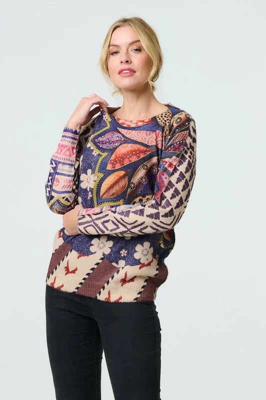 Leaf Print Drop Shoulder Jumper