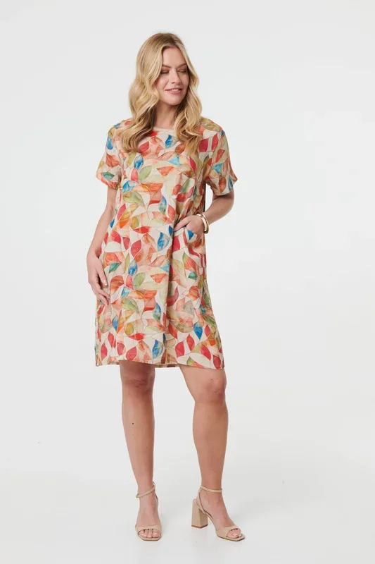 Leaf Print Knee Length Shift Dress