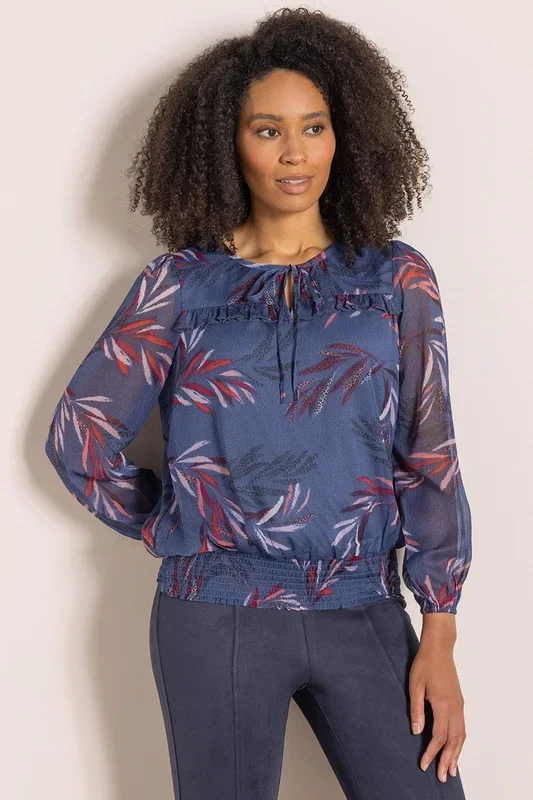 Leaf Printed Chiffon Smocked Hem Top