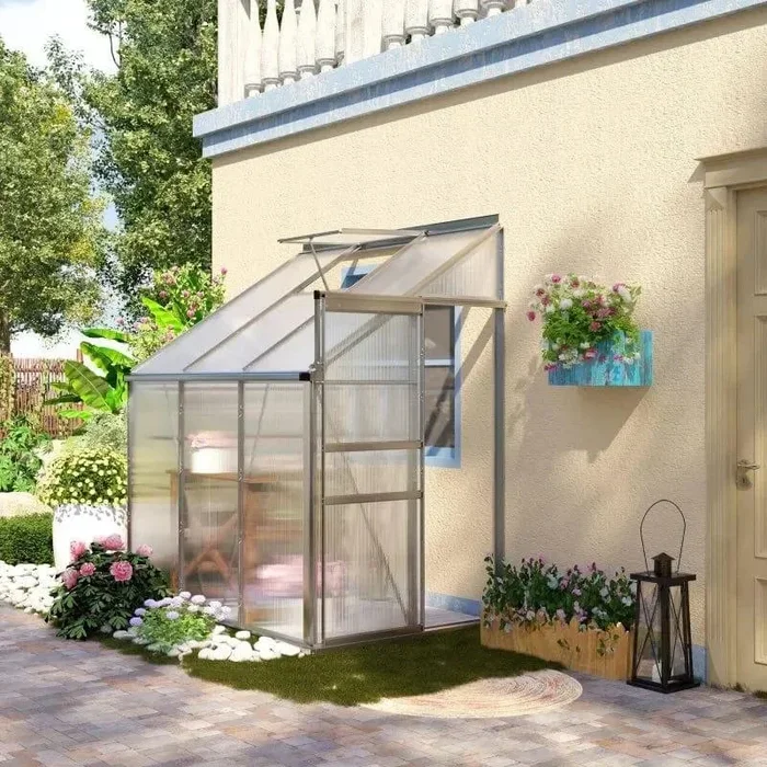 Lean-To Greenhouse 6x4ft | Wall-Mounted Design with Aluminium Frame and Sliding Door OUTSUNNY