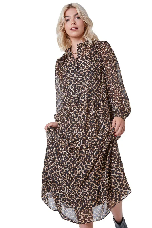 Leopard Print Chiffon Tiered Ruffle Dress