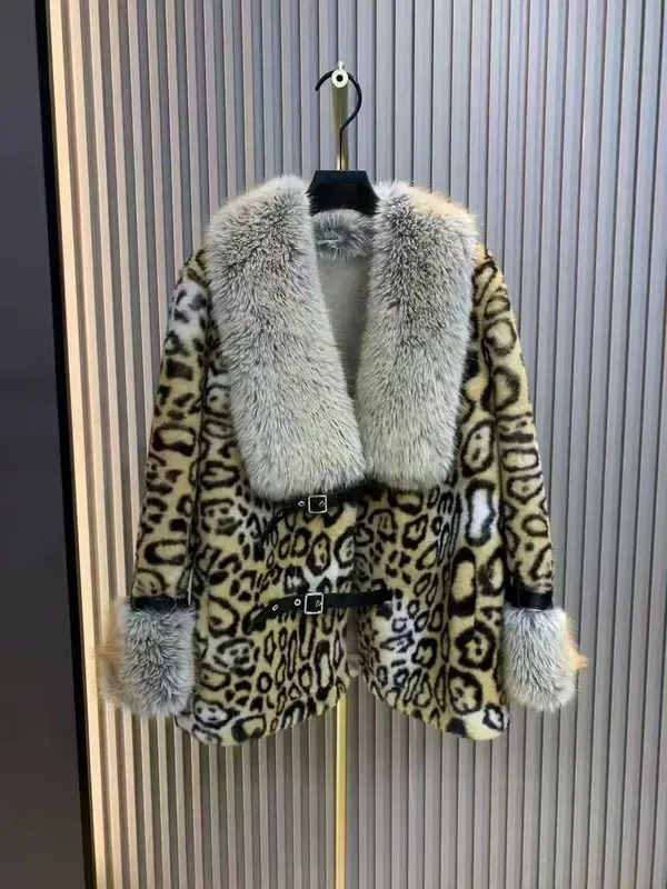 Leopard Print Faux Fur Coat with Belt Details