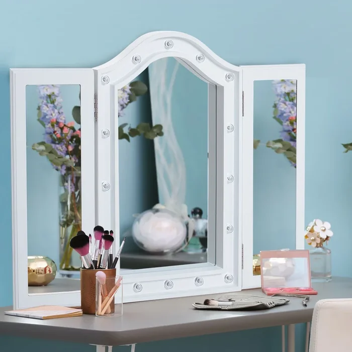 Lighted Tri Fold Vanity Mirror Makeup Tabletop LED Lights for Bedroom