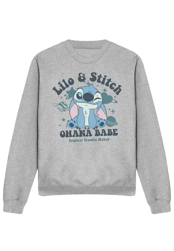 Lilo And Stitch Ohana Babe Adults Crew Sweatshirt, Heather Grey