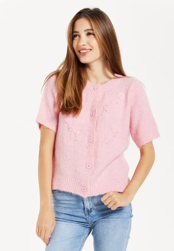 Liquorish Pink Knitted Floral Cardigan