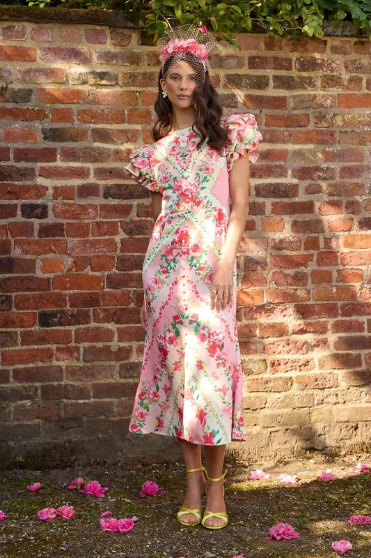 Lisa Tan Stripe Printed Ruffle Hem Midi Dress