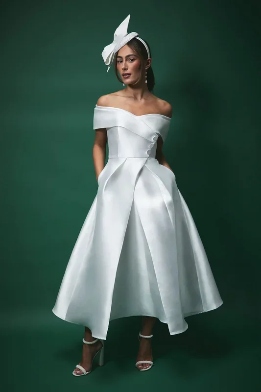 Lisa Tan Twill Bardot Waisted Midi Wedding Dress