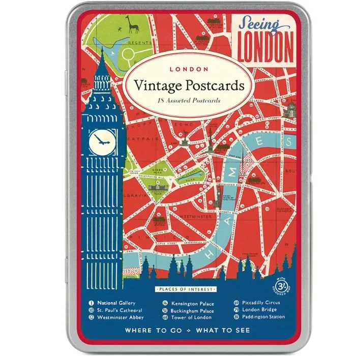London Vintage Postcards in a Tin
