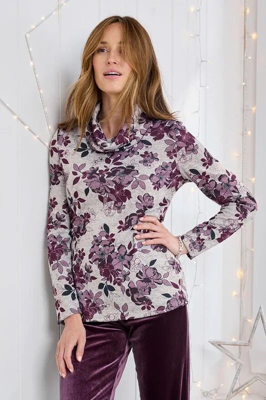 Long Sleeve Cowl Neck Print Jersey Top