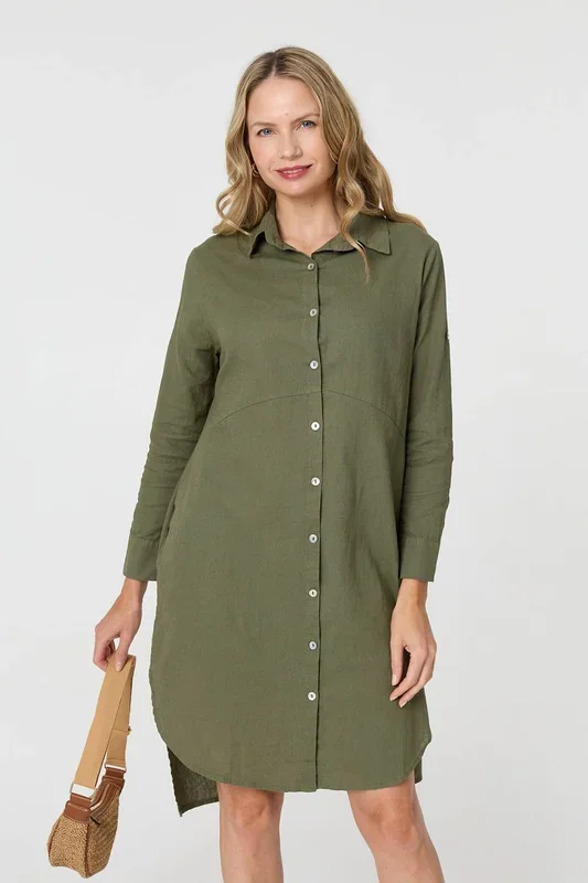 Long Sleeve Split Hem Maxi Shirt Dress