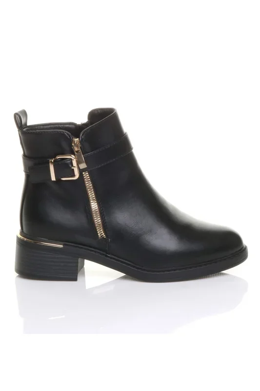 Low Heel Gold Zip Chunky Sole Buckle Ankle Boots