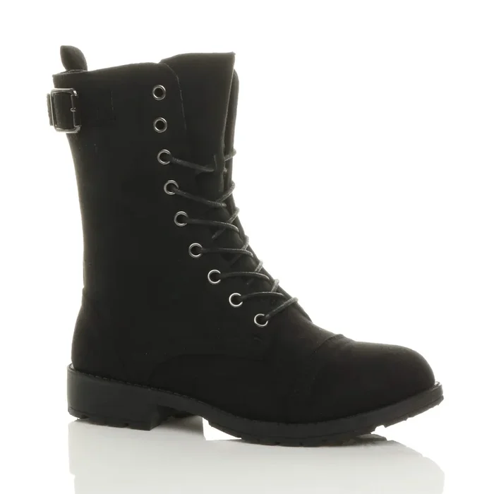 Low Heel Lace Up Buckles Military Biker Faux Suede Ankle Boots