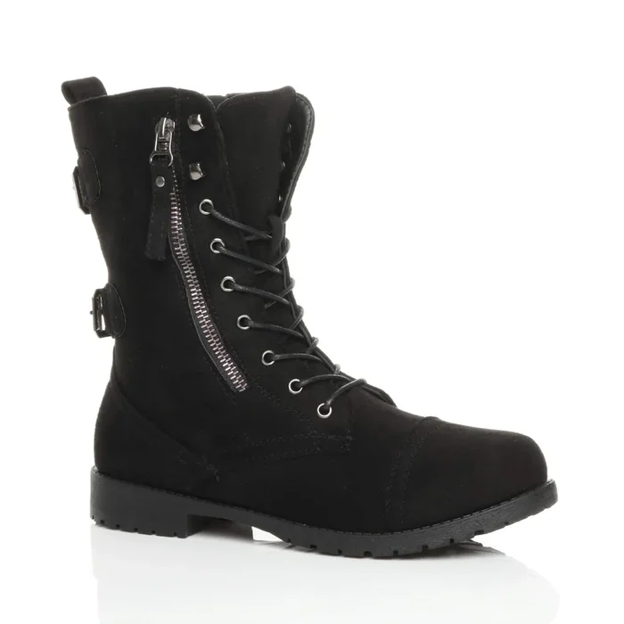 Low Heel Lace Up Zips Military Biker Faux Suede Ankle Boots