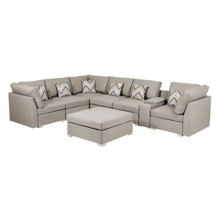 Lucy Beige -Fabric Reversible Modular Sectional Sofa with USB Console and Ottoman