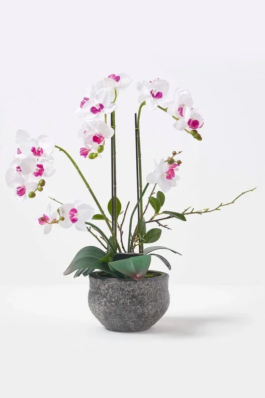 Luxury Artificial Orchid in Pot, 5 Stems, 52 cm, White