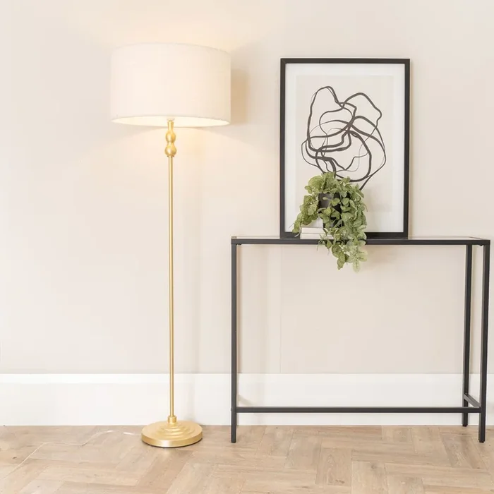 Maggie Gold Candlestick Floor Lamp with Cream Boucle Lamp Shade and LED Bulb