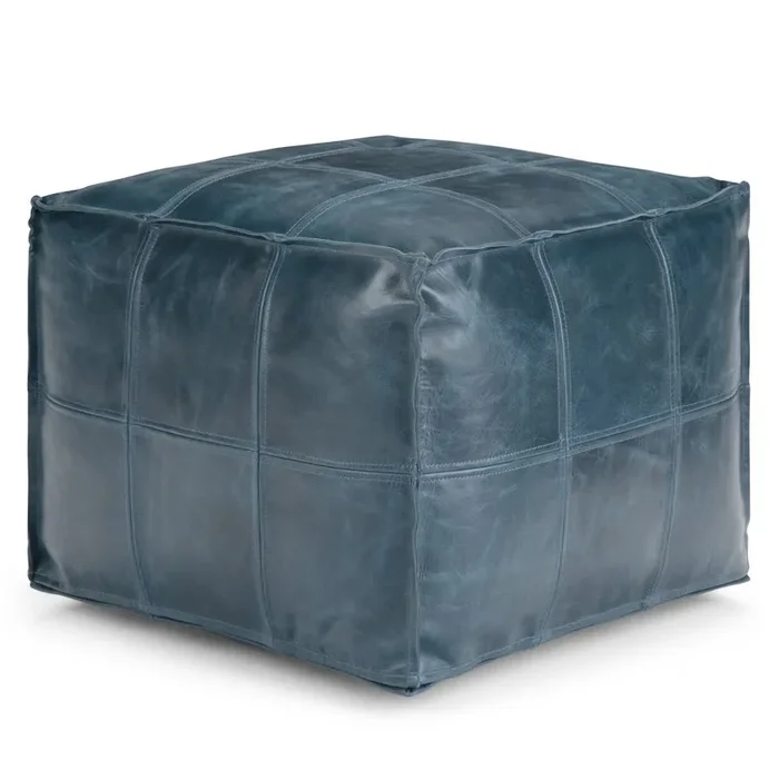 Manning Square Pouf In Teal Genuine Leather