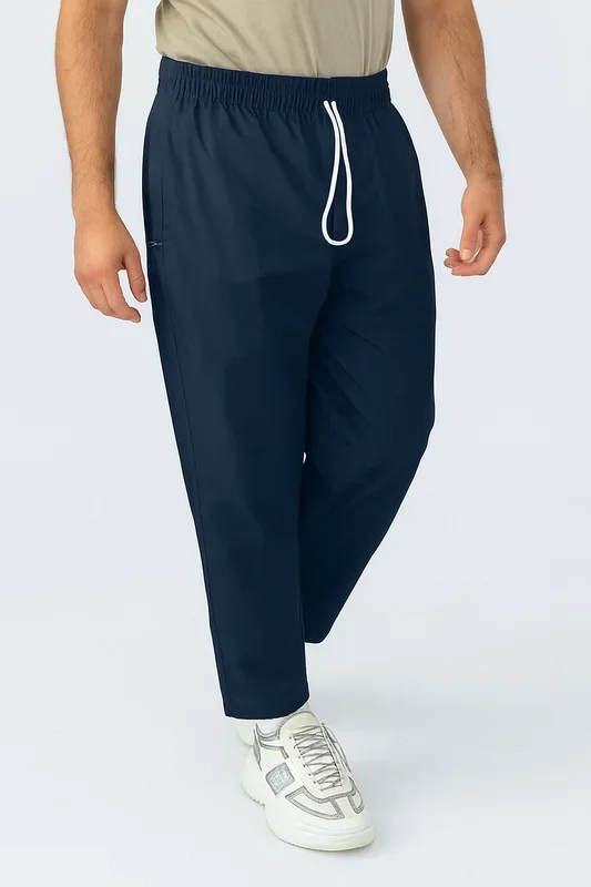 Mens Comfy Navy Trousers with Elastic Waist & Zip Pocket