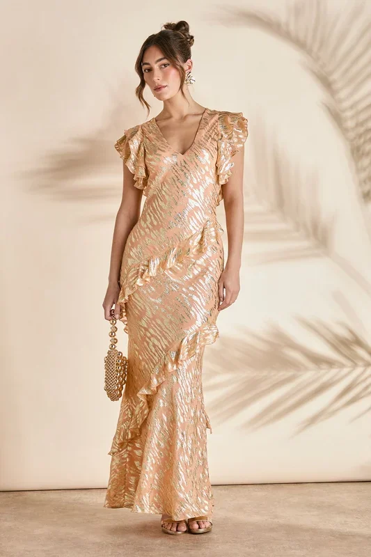 Metallic Jacquard Frill Midi Dress