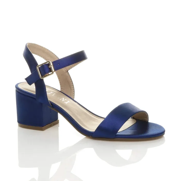 Mid Block Heel Ankle Strap Satin Heeled Sandals
