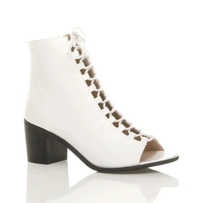 Mid Block Heel Lace Up Peep Toe Ankle Boots