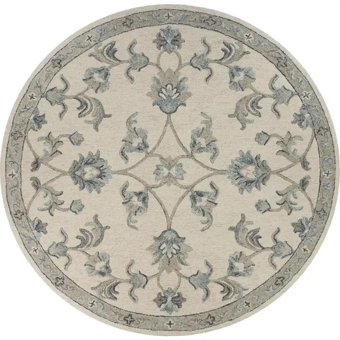 Mirroring Ivory and Blue Floral Bloom Area Rug 7‘3″ Round