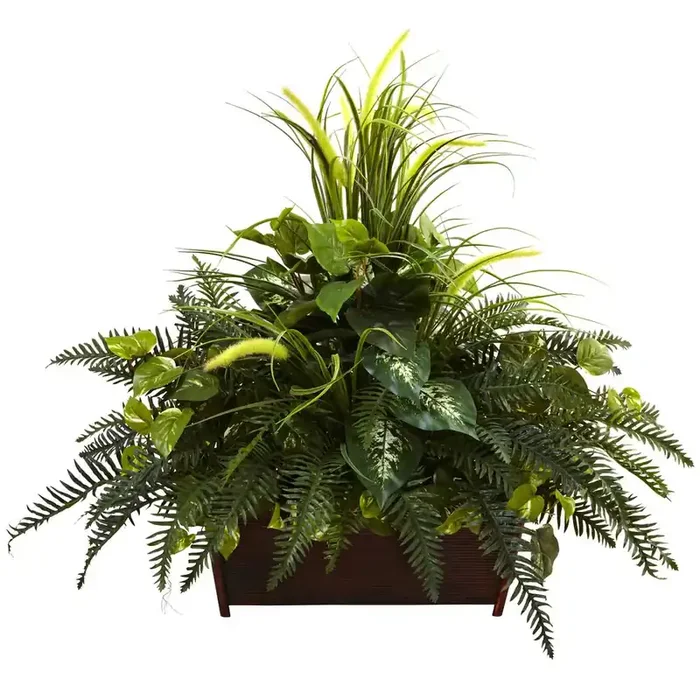 Mixed Grass & River Fern with Wood Planter